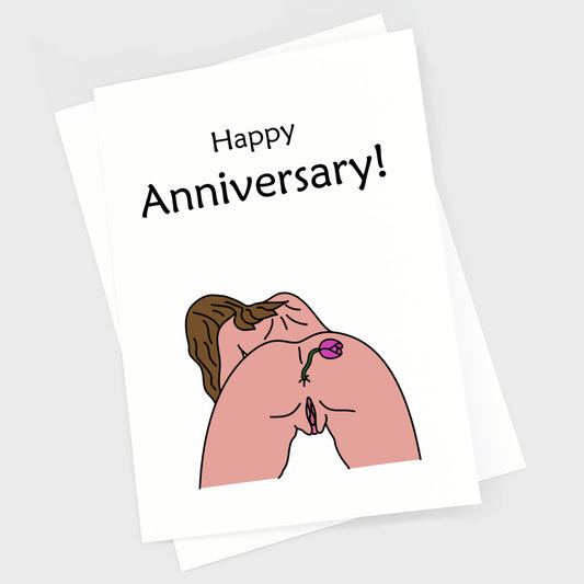 Naughty anniversary card with naked girl with flower in her bum