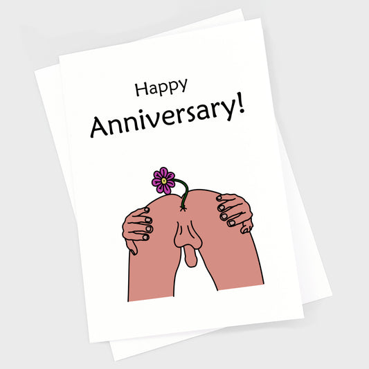 Naughty anniversary card with a flower coming out of a man's bum hole.